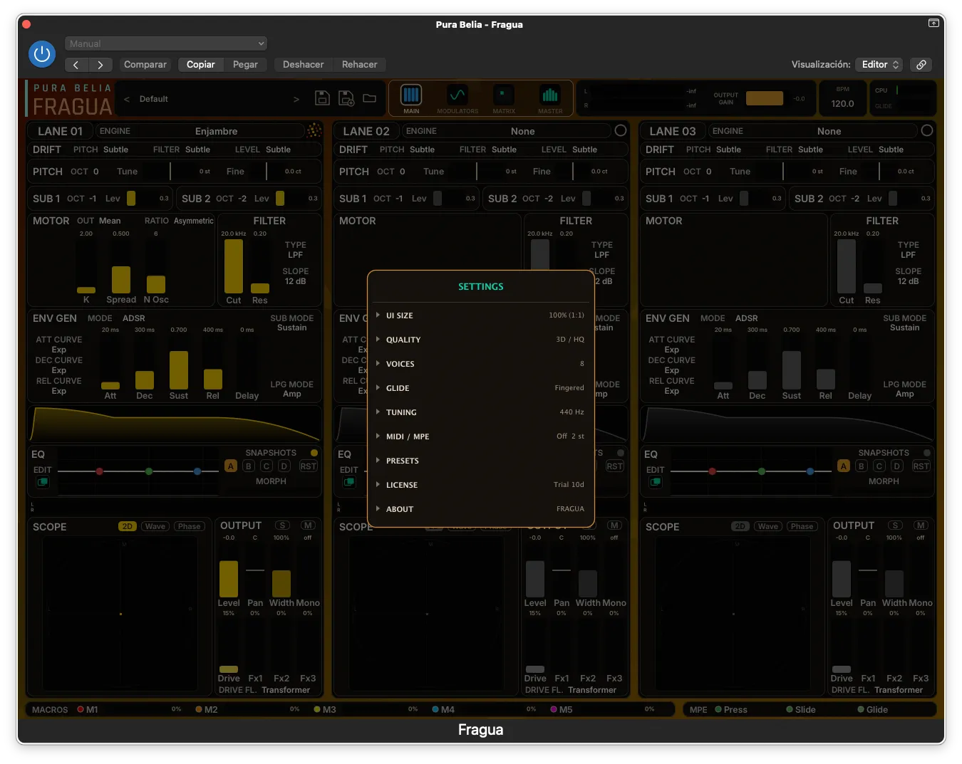 The Settings panel